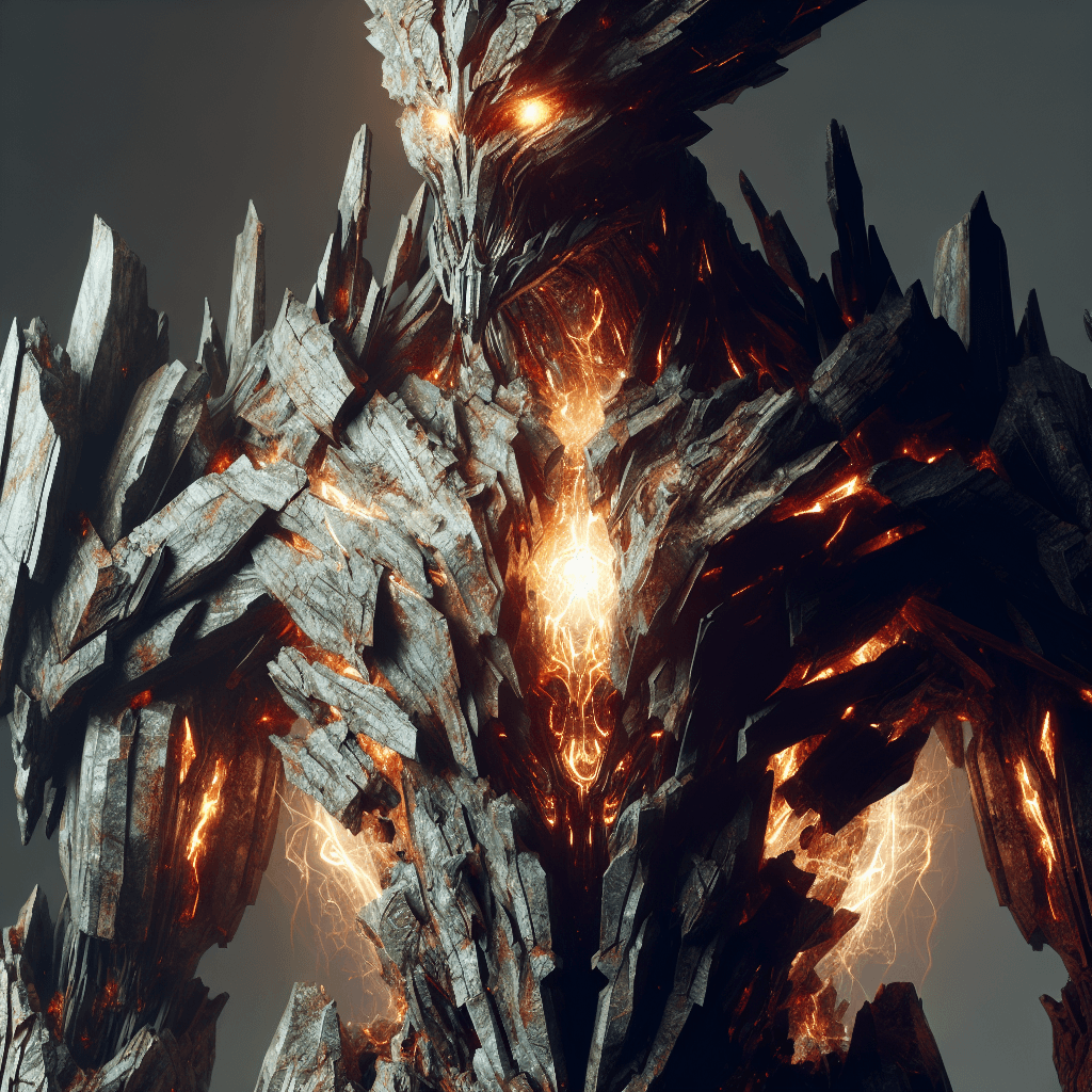 A towering golem made of jagged stones and ancient, rusted armor. Glowing runes etched across its body pulse with a sinister light, and its eyes blaze with a magical fire.