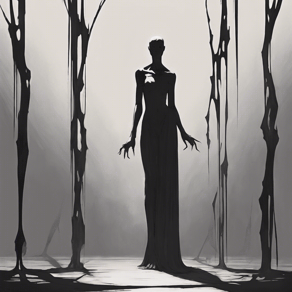 A towering figure draped in shadows, its form appears both solid and ethereal. Long slender limbs end in razor-sharp talons, and where a face should be, there is only an endless void that seems to consume the light around it.