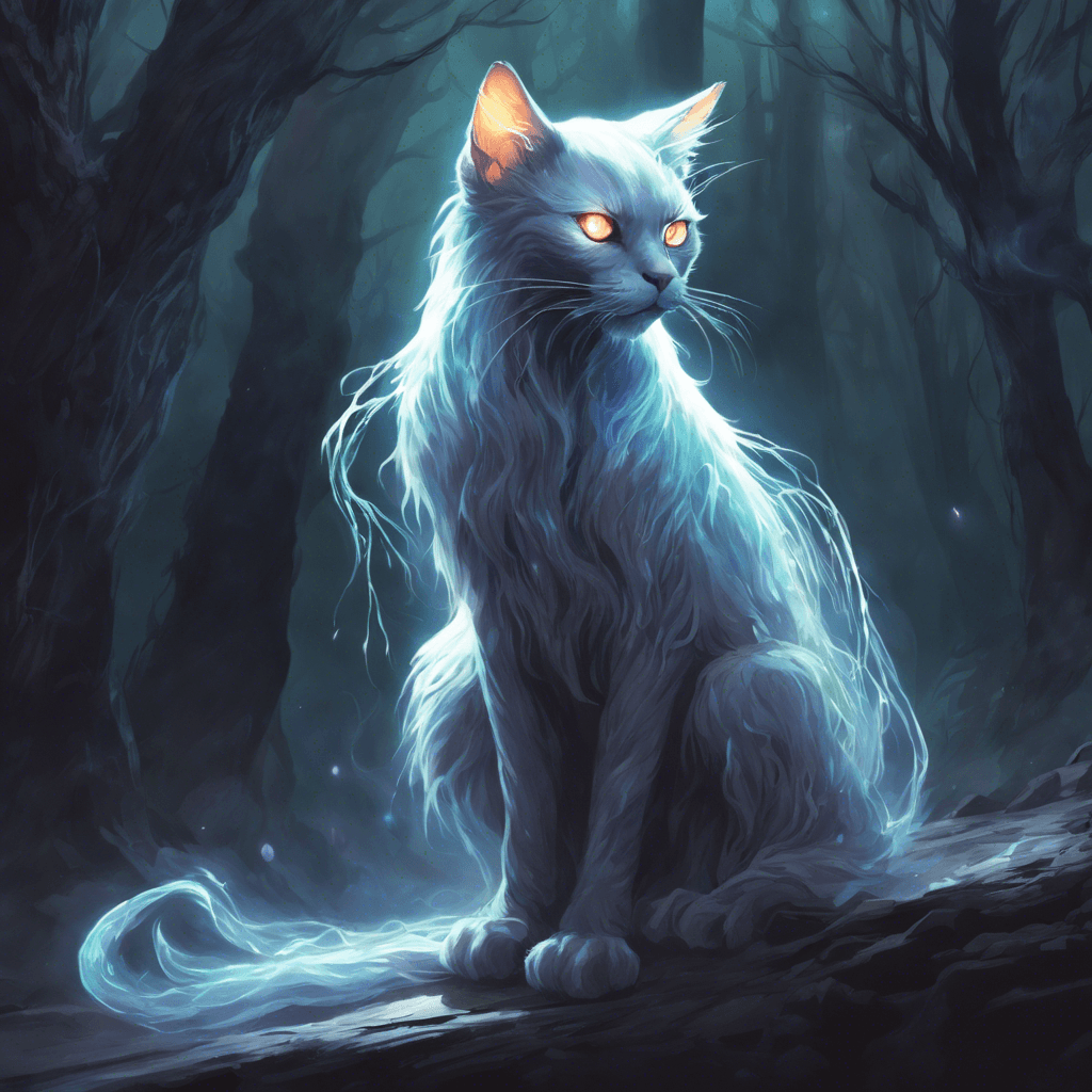 A spectral cat-like creature with opalescent eyes and wisps of shadowy essence trailing after it like a cloak.