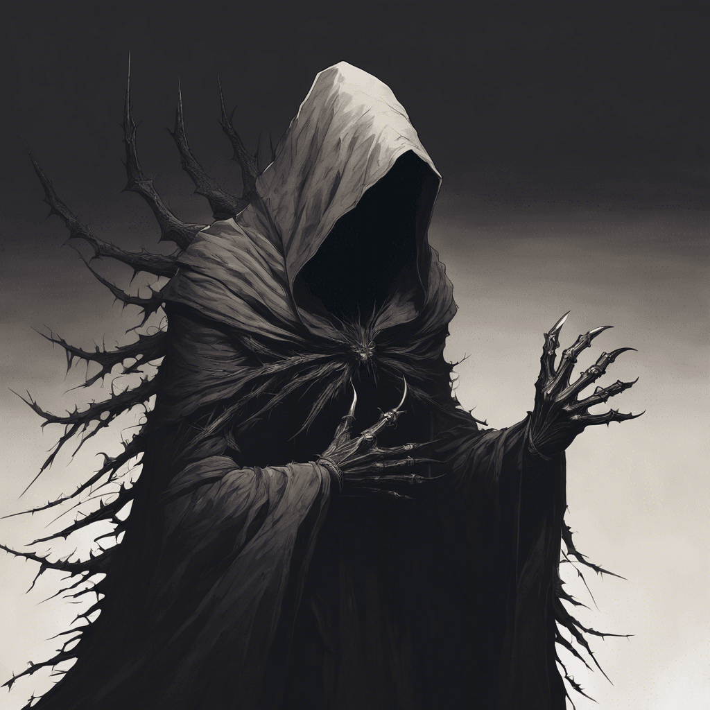 A shadowy figure with elongated claw-like fingers, shrouded in a cloak woven from darkness. Its eyes are deep voids and thorns protrude from its body.