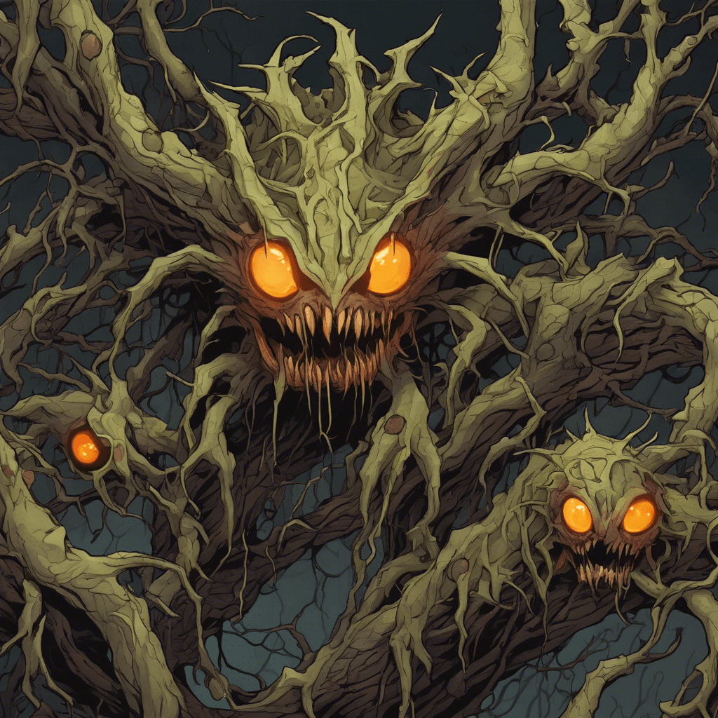 An animated mass of vines and thorny branches, with glowing amber eyes and a gaping maw that appears to drip with poisonous sap.