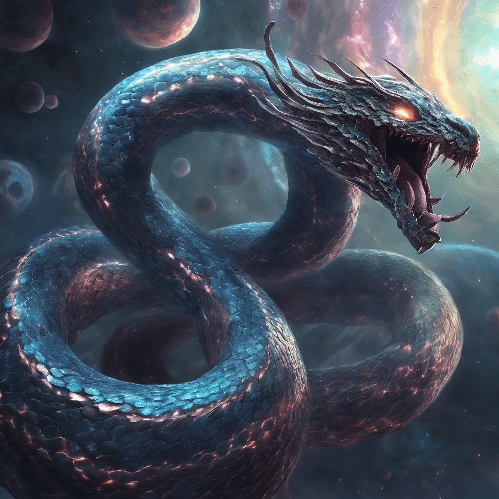 The Void Serpent is a massive, serpentine creature with shimmering scales that seem to absorb light. It moves through the vacuum of space effortlessly, its eyes glowing with an otherworldly energy.