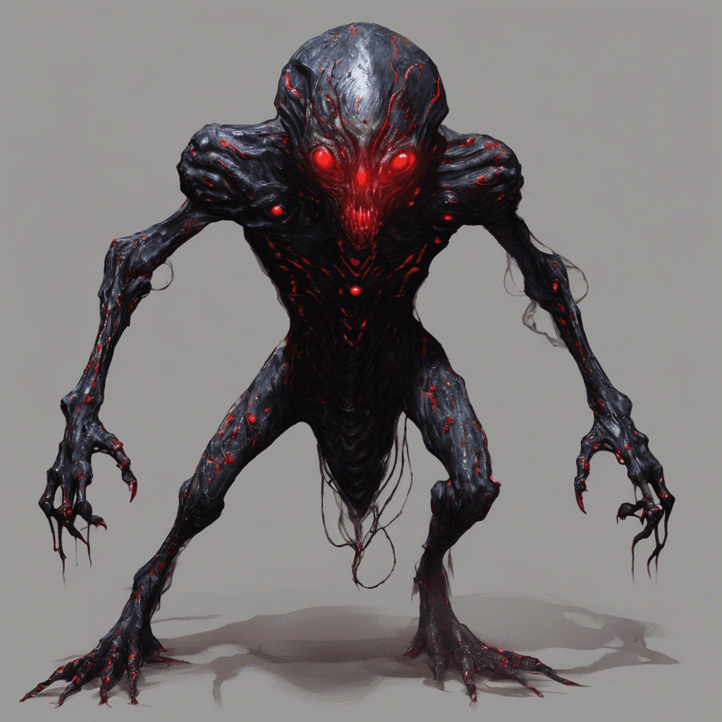 The Xenon Blight is a humanoid alien creature with dark, metallic skin and glowing red eyes. Its body is covered in strange, pulsating patterns that seem to shift and change constantly. It emits a low hum that fills the air with an eerie sense of dread.