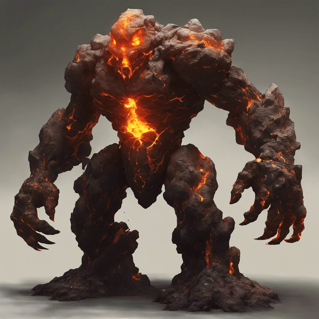 A towering golem constructed from the molten rock of the volcano itself, its joints flicker with intense flames. The creature's eyes are deep fiery pits that glare menacingly at anyone who dares approach, and its body radiates an unbearable heat that distorts the air around it.