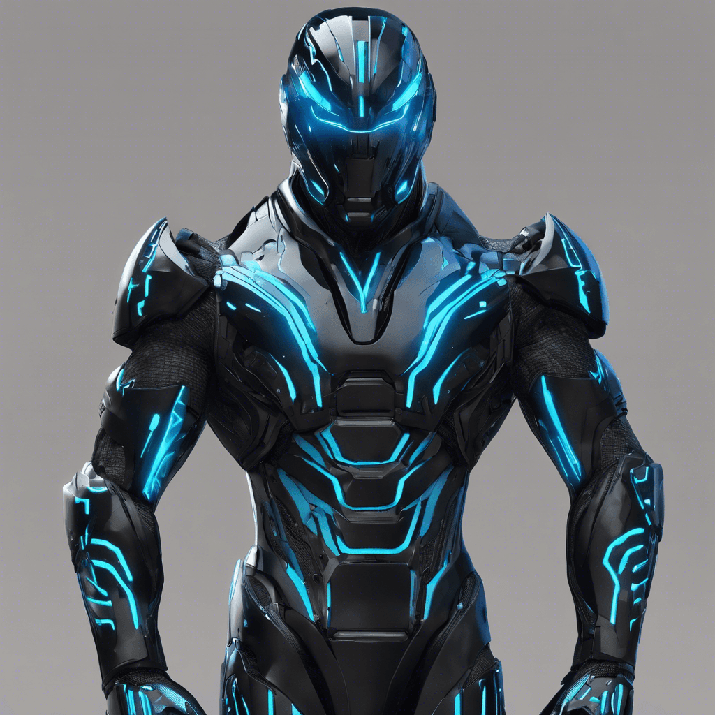 A towering figure clad in sleek, black body armor with neon blue circuit patterns pulsating across the suit. The helmet sports a mirrored visor, hiding any trace of humanity. Two cybernetic arms finished with enhanced musculature suggest immense physical power.