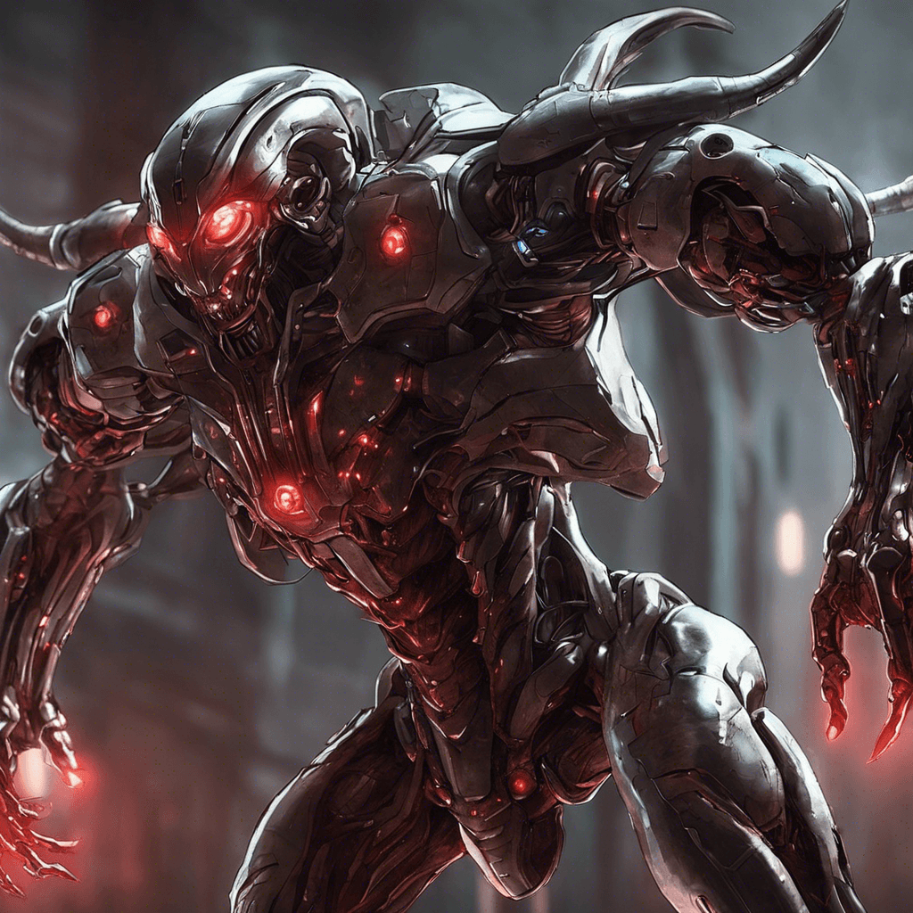 The Xenoborg is a cyborg alien creature with metallic armor fused seamlessly with organic tissue. Its glowing red eyes scan the area, and its arms are equipped with advanced energy weapons. It moves with precision and speed, ready to eliminate any intruders in its path.