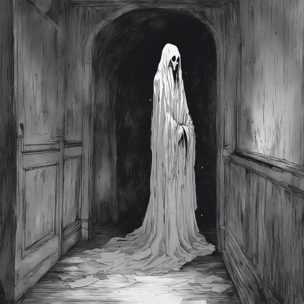 The Specter of the Manor is a ghostly figure draped in tattered robes, its face obscured by shadows. It glides silently through the air, emanating an eerie chill that freezes the surrounding area. Its eyes glow with a malevolent, otherworldly light.