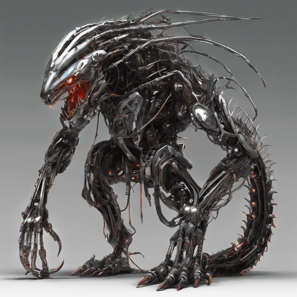 A menacing beast, with eyes that glow like the neon signs of Neo-Eden. Its body, a harrowing display of metal and flesh intertwined, moves with a mechanical grace. Cybernetic enhancements trail along its spine, ending in a tail of razor-sharp cables. Metallic jaws seem capable of crushing steel.