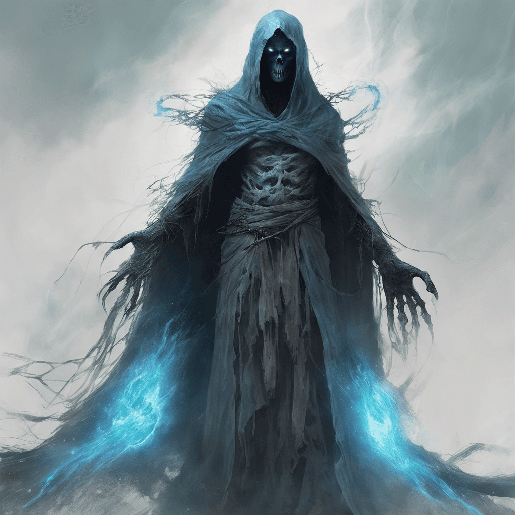 The Phantom Revenant is a spectral figure draped in tattered robes, its form flickering in and out of existence as if caught between the worlds of the living and the dead. Its eyes burn with a cold blue flame, and its voice echoes with the despair of lost souls.