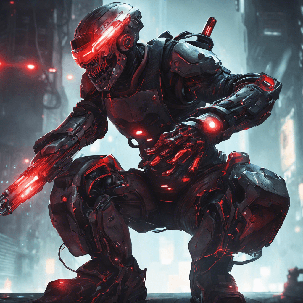 A humanoid figure clad in dark combat gear, augmented with cybernetic limbs and a visor glowing with menacing red light. Various hacking devices and weaponry are implanted into its body.