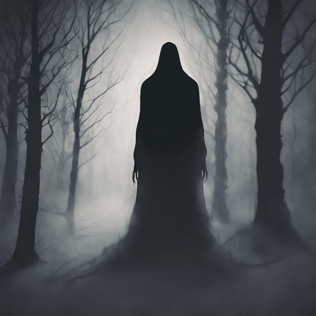 The Phantom Shadow is a dark, ethereal figure that appears as a twisted silhouette, flickering in and out of existence. Its eyes gleam with a haunting light, and an icy chill emanates from its form, freezing the air around it.