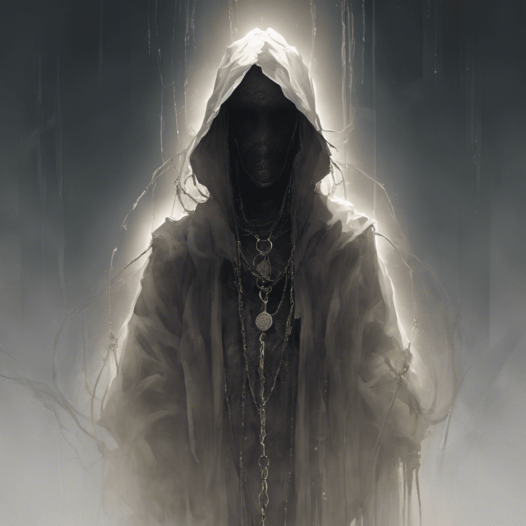 A translucent figure clad in tattered noble garb from a bygone era, its face obscured by the shadow of a hood, with two piercing lights where its eyes should be. Ethereal chains rattle softly as it floats above the ground, passing through solid objects with ease.