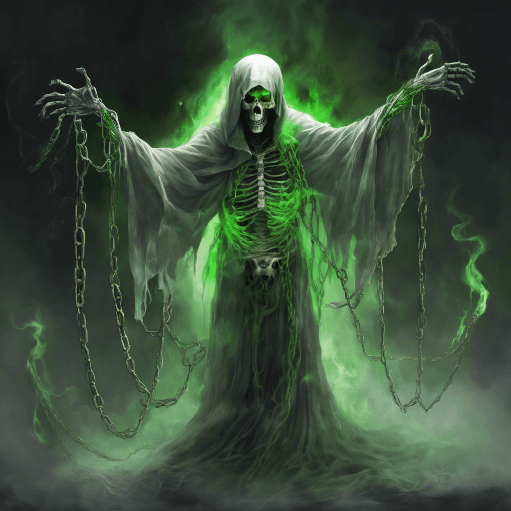 A ghostly apparition, with tattered robes clinging to its skeletal frame. Ethereal chains rattle as they drape from its wrists, and its eyes burn with a malicious green fire.