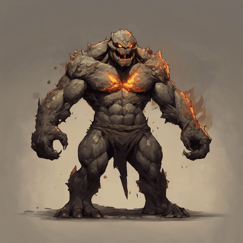 A hulking, rock-like creature with jagged teeth, eyes like glowing embers, and a body seemingly composed of the very earth beneath your feet. It stands on two sturdy legs, with powerful arms ending in stony, hammer-like fists.