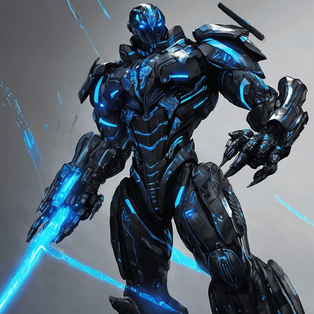 A towering figure clad in jet-black armor with neon blue circuit patterns tracing across its surface. The Cybernetic Enforcer's eyes glow with an artificial blue light, and it moves with unnerving precision and silence, more machine than human. Various weapons systems are integrated into its limbs, including a retractable arm cannon, and its back is adorned with a cloak of reactive camouflage material.