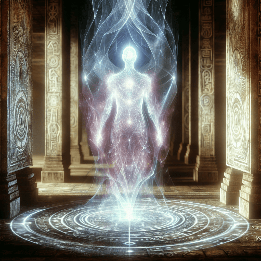 A translucent figure with towering stature, it glows with a soft inner light that pulsates in rhythm with the temple's runes. Its eyes are deep voids, and its form shifts ethereally, suggesting a formidable presence bound by ancient magic.