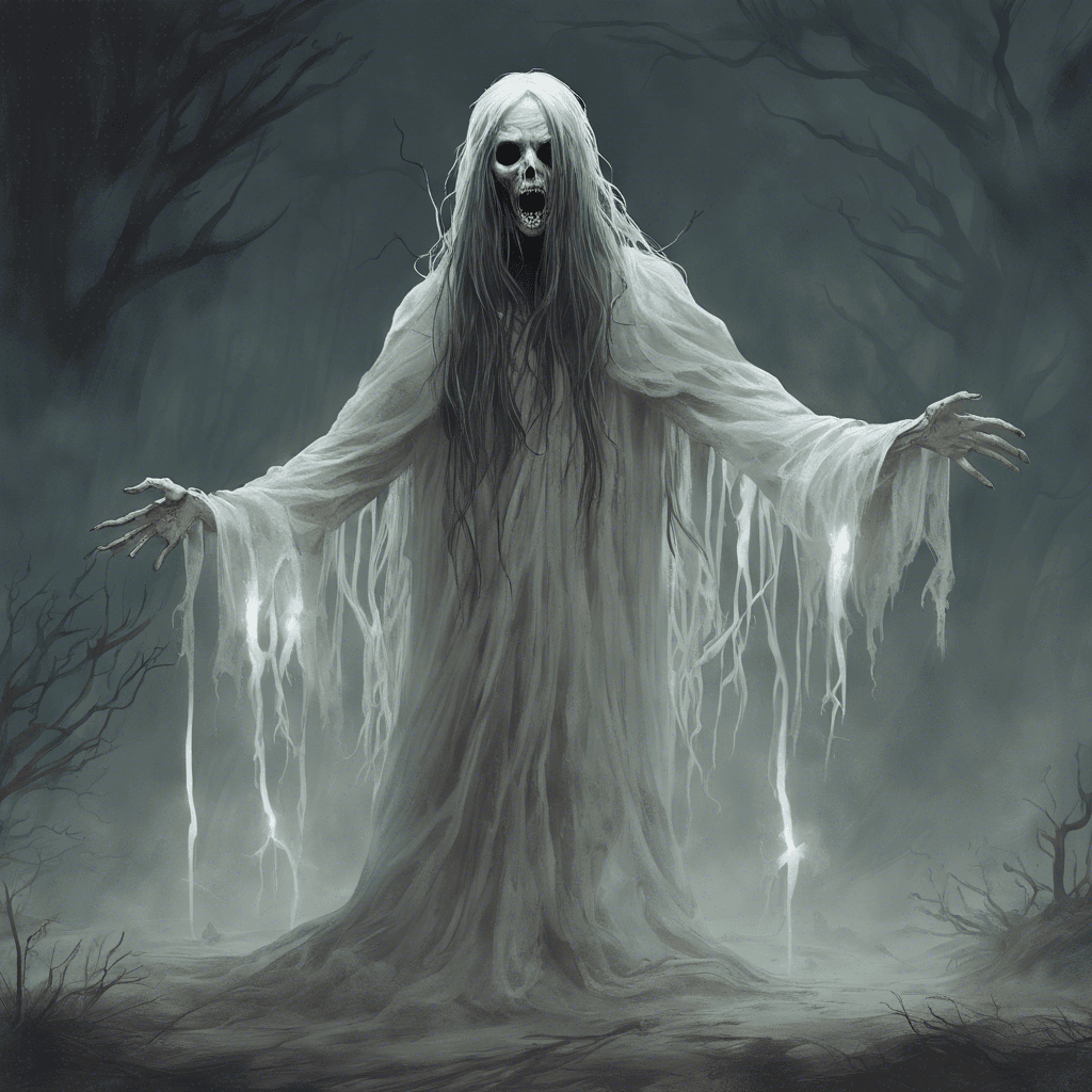 A ghostly apparition with tattered robes, a gaunt face, and long, lifeless hair. It hovers above the ground, its hollow eyes glowing with a malevolent light.