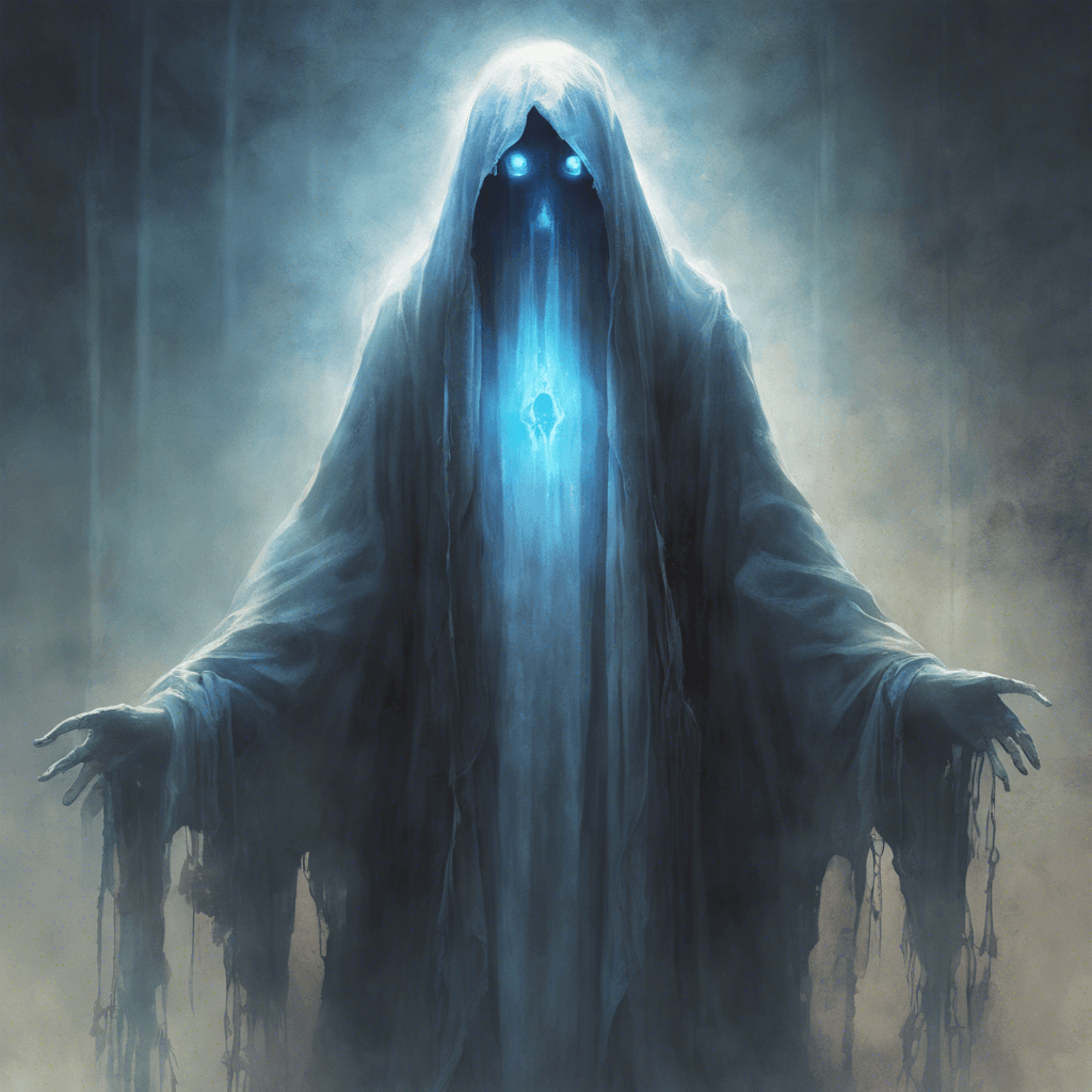 A spectral figure with a semi-transparent body, tattered robes hanging from its elongated frame, and hollow, glowing eyes that exude a haunting blue light.