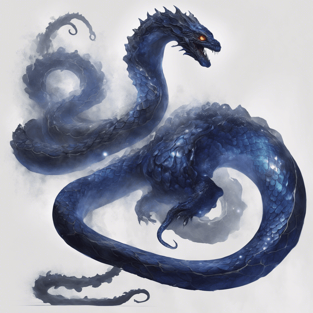 An immense serpentine creature with shimmering indigo scales, tendrils of shadowy mist emanating from its body, and eyes that burn like underwater volcanoes.