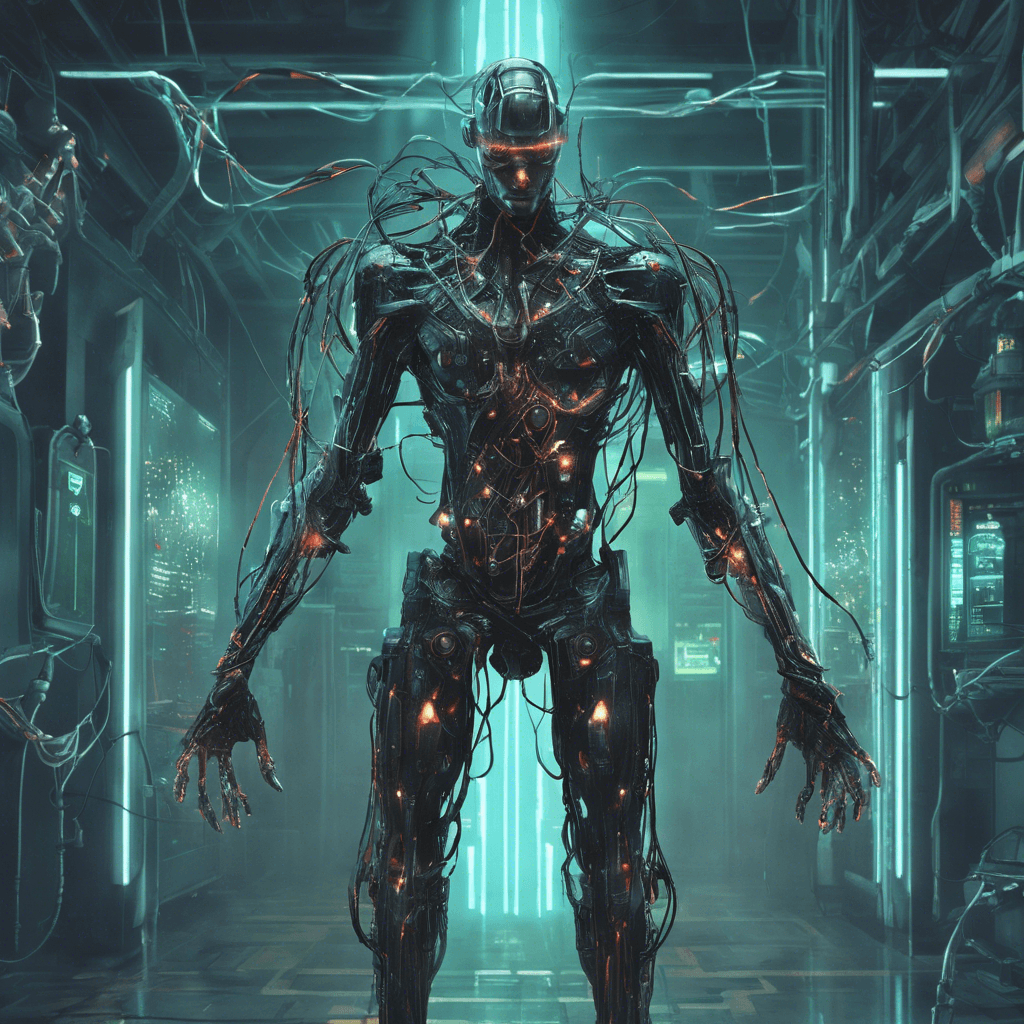 Standing amidst the digital glow of countless screens, the Techromancer is a fusion of man and machine. His body is augmented with cybernetic limbs, wires protruding from his flesh like vines. Eyes replaced with luminous sensors, he peers into the digital realm, a cloak of frayed cables draping over hunched shoulders. Cybernetic implants pulse with energy at his temples, the telltale sign of his ability to bend technology to his will.