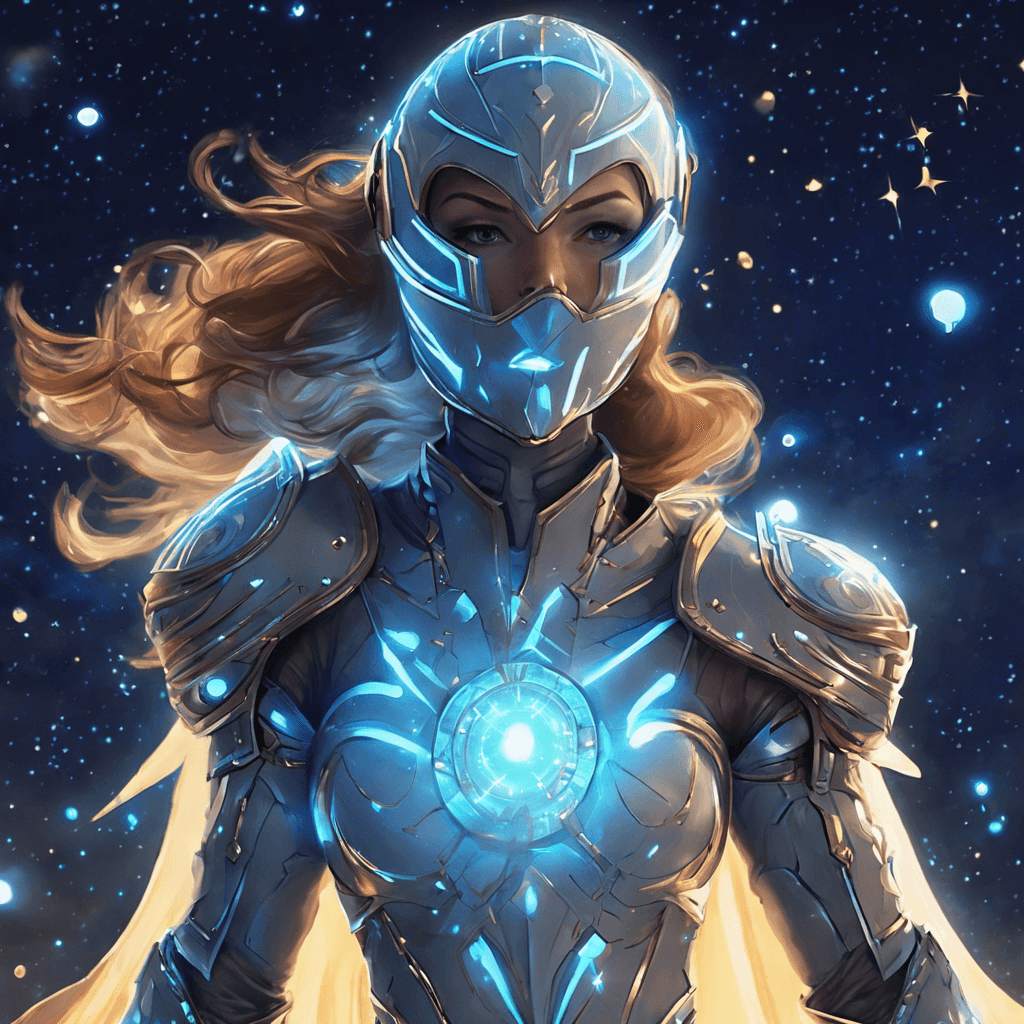 Aurelia appears as a resplendent figure clad in luminescent powered armor that seamlessly combines technology with a touch of mysticism. Her helmet has a visor glowing with a soft blue light, and her cape is like a slice of the night sky animated with shifting constellations. She floats above the ground, her presence commanding peace.