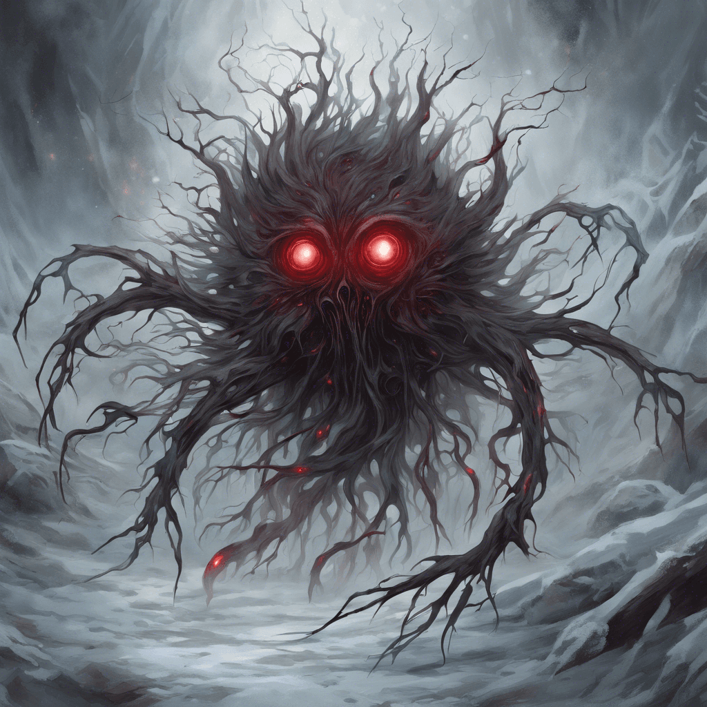 A semi-corporeal entity, swirling with tendrils of inky darkness and intermittent bursts of malevolent red eyes glaring from within. It is surrounded by an aura of chilling frost as it floats above the ground, leaving a trail of withered plants and ice in its wake.