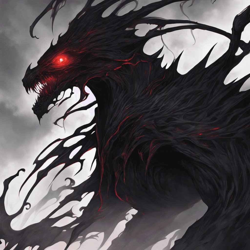 A towering figure shrouded in rippling darkness, with glowing red eyes that pierce through the shadows. It has elongated, shadowy claws, and moves with unnatural silence. Whisper-like tendrils of darkness emanate from its form.