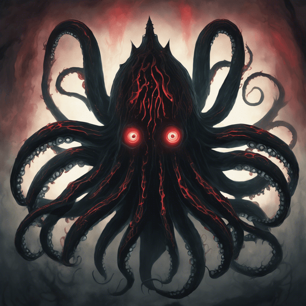 A shadowy figure materializes before you, its form shifting and hazy as if not fully present in this dimension. Its eyes glint with a malevolent red light, and three long tentacles, covered in bioluminescent suckers, swivel around its head like a crown. It moves with eerie silence, phasing in and out of visibility.