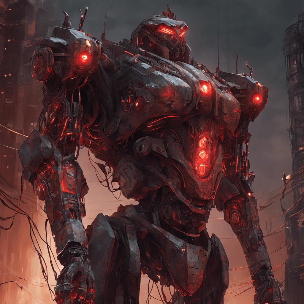 A towering mechanical sentinel, draped in the remnants of a once-shining metallic armor. Its eyes glow with a menacing red light, and sparks fly from the exposed wiring along its arms.