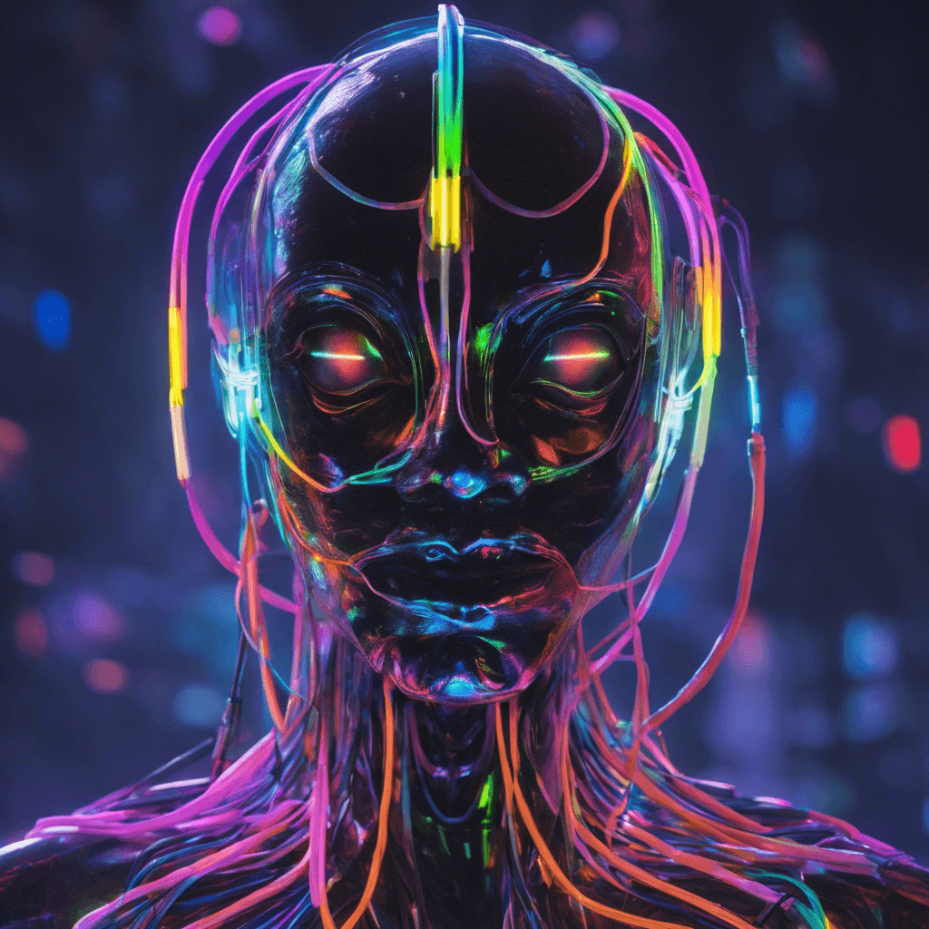 A humanoid figure appears, its form flickering with an array of bright neon lights. There are cables and wires draped over its body like an electronic cloak, its face concealed behind a glowing mask that shifts through a spectrum of colors.