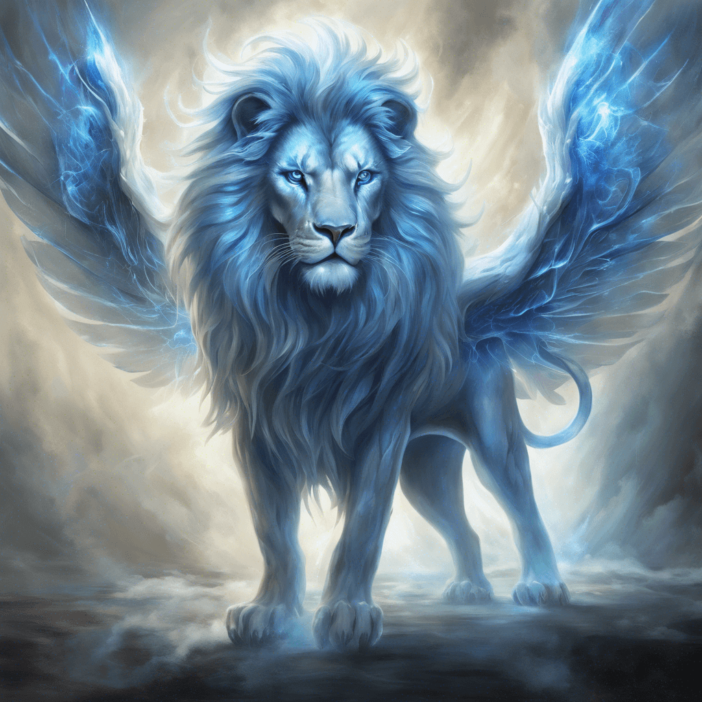 A ghostly creature with the body of a lion, its wings shimmer in ethereal shades of blue and silver. Its eyes burn with a fierce supernatural light, and its translucent form half-materializes in this realm, claws gleaming with otherworldly energy.