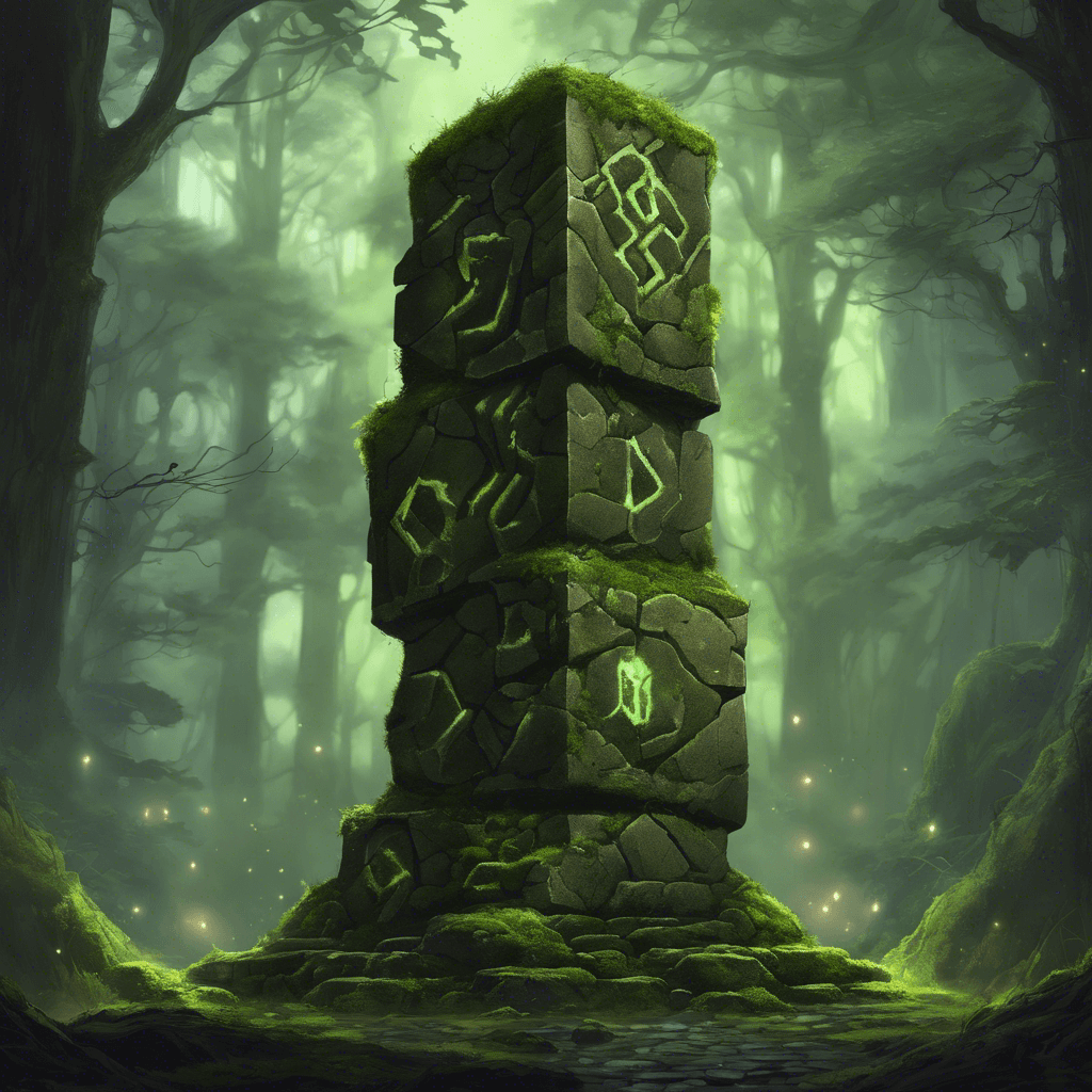 A towering creature of interlocked stones, with moss and glowing runes etched into its surface. Each step it takes causes the ground to tremor.