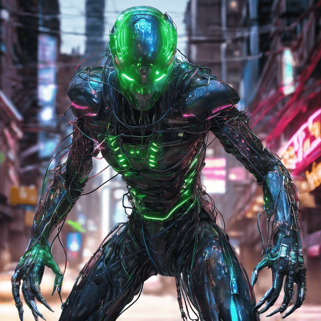 The Cyber Stalker is a sleek, humanoid figure with glowing cybernetic eyes and sharp, metallic claws. Its body is covered in a mesh of wires and circuitry, blending seamlessly with the neon lights of the cityscape. It moves with unsettling speed and precision, ready to strike at a moment's notice.