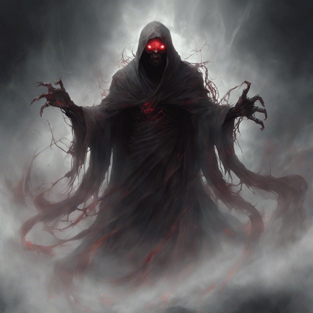 A hulking figure, shrouded in swirling mists, with glowing red eyes and elongated, claw-like fingers. Its tattered robes flutter as if touched by a spectral wind, and a haunting aura of decay exudes from its form.