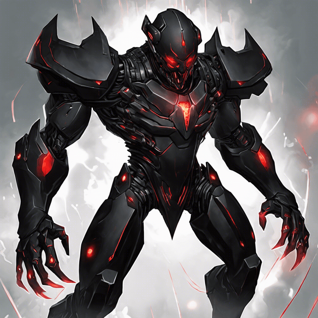 The Cybernetic Phantom is a stealthy enemy covered in sleek, black armor. Glowing red eyes pierce through the darkness as it moves silently towards its target. Its limbs are equipped with razor-sharp blades and its movements are quick and agile, making it a formidable foe in combat.