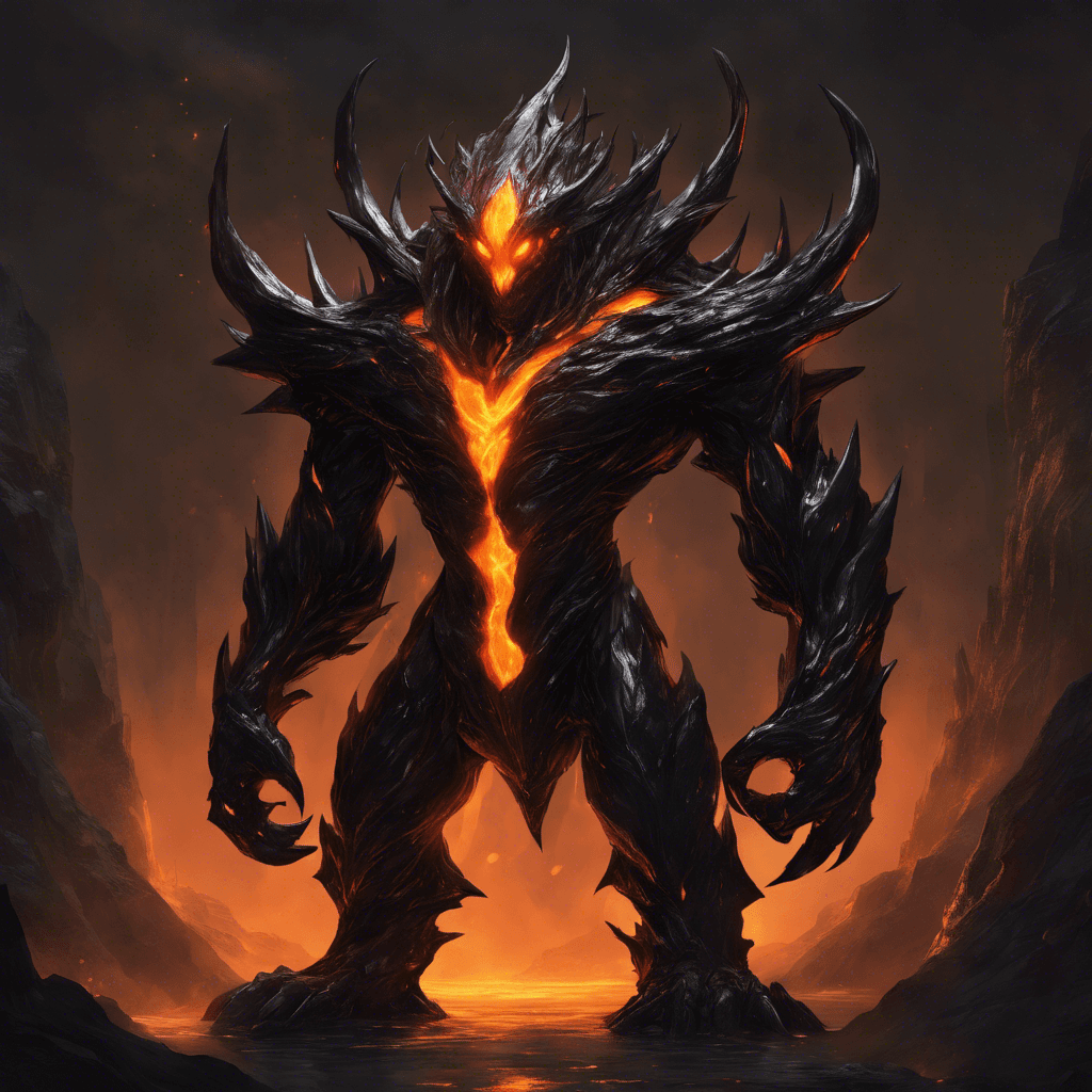 A towering creature made of glossy, jet-black stone stands menacingly. Molten veins pulse beneath its darkened skin, and its eyes blaze with a ferocious orange glow.