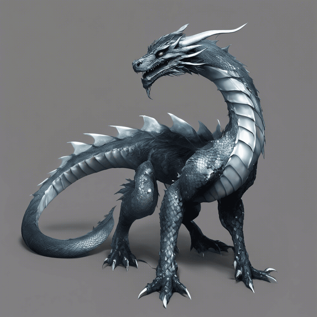 A sleek serpentine dragon, almost ethereal, with scales that seem to absorb the light around them. Its eyes glint with a malicious intelligence, and a faint dark aura emanates from its body.