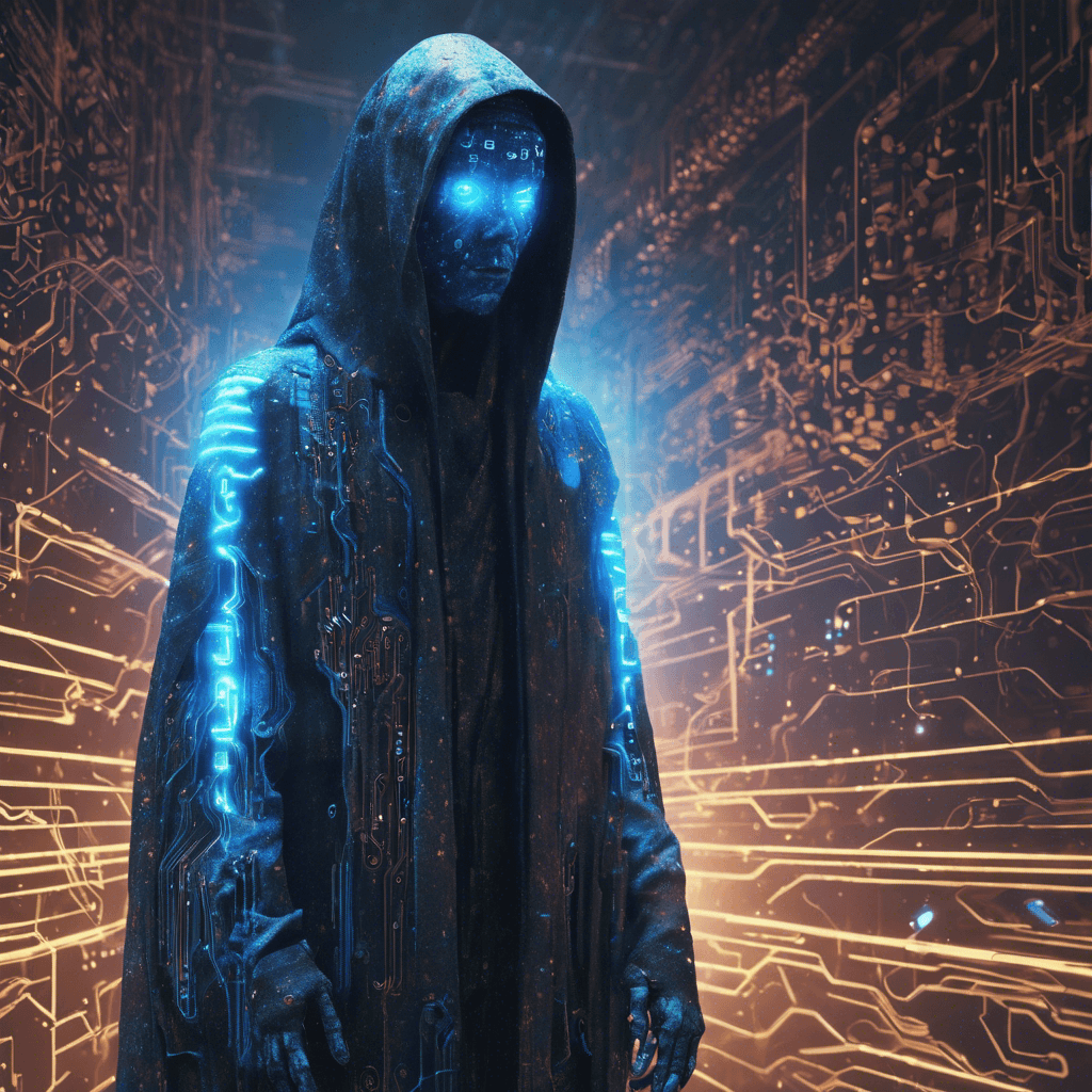 A humanoid figure shrouded in tattered digital cloaks flickering with code, circuits lining their skin glowing ominously, with eyes exuding a piercing neon blue light.