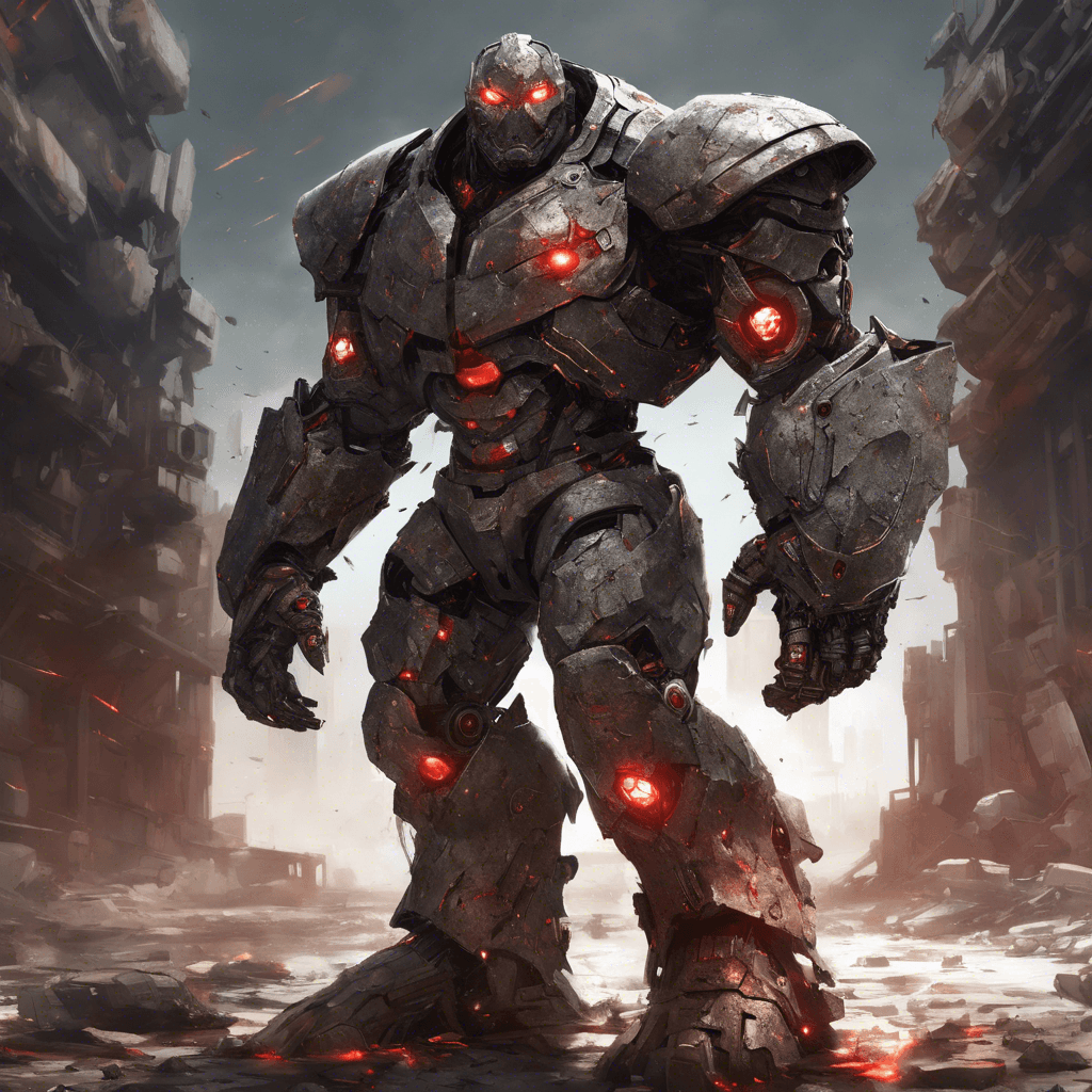 A hulking figure in scrap metal armor, seemingly cobbled together from space debris. It has glowing red eyes and moves with a sinister, silent grace despite its bulky frame.