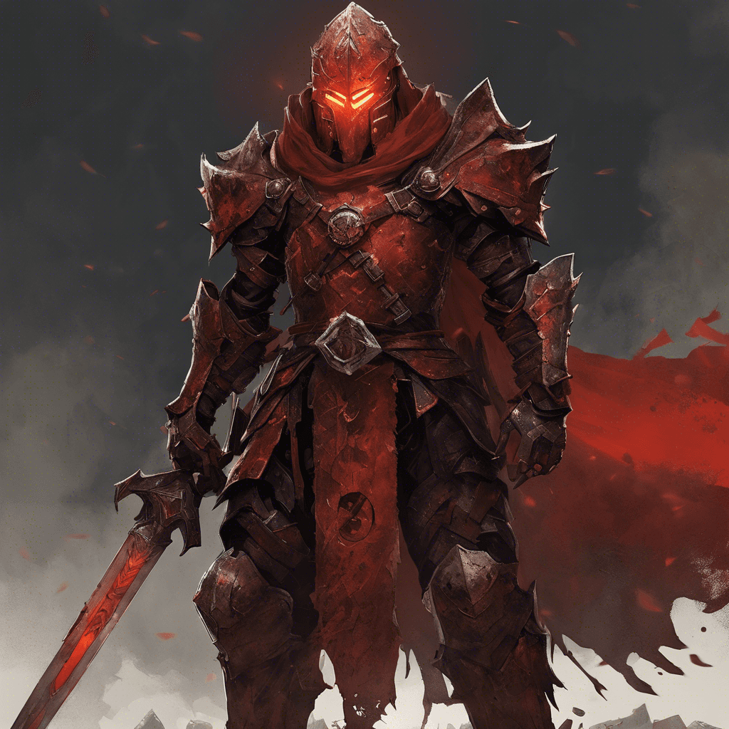 A towering figure clad in rusted, jagged armor with a helmet that covers the face. One eye glows ominously red from within the shadowy visor. A cloak tattered by countless battles flutters behind. Golthag wields a massive sword etched with glowing runes and has a belt with various dark artifacts.