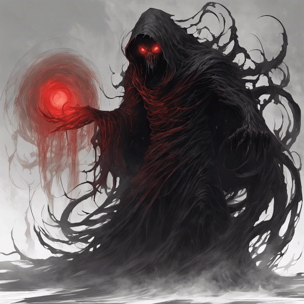 A swirling mass of darkness coalesces into a tall, wraith-like figure. Shadowy tendrils drift from its form, and two glowing red eyes pierce through the gloom.