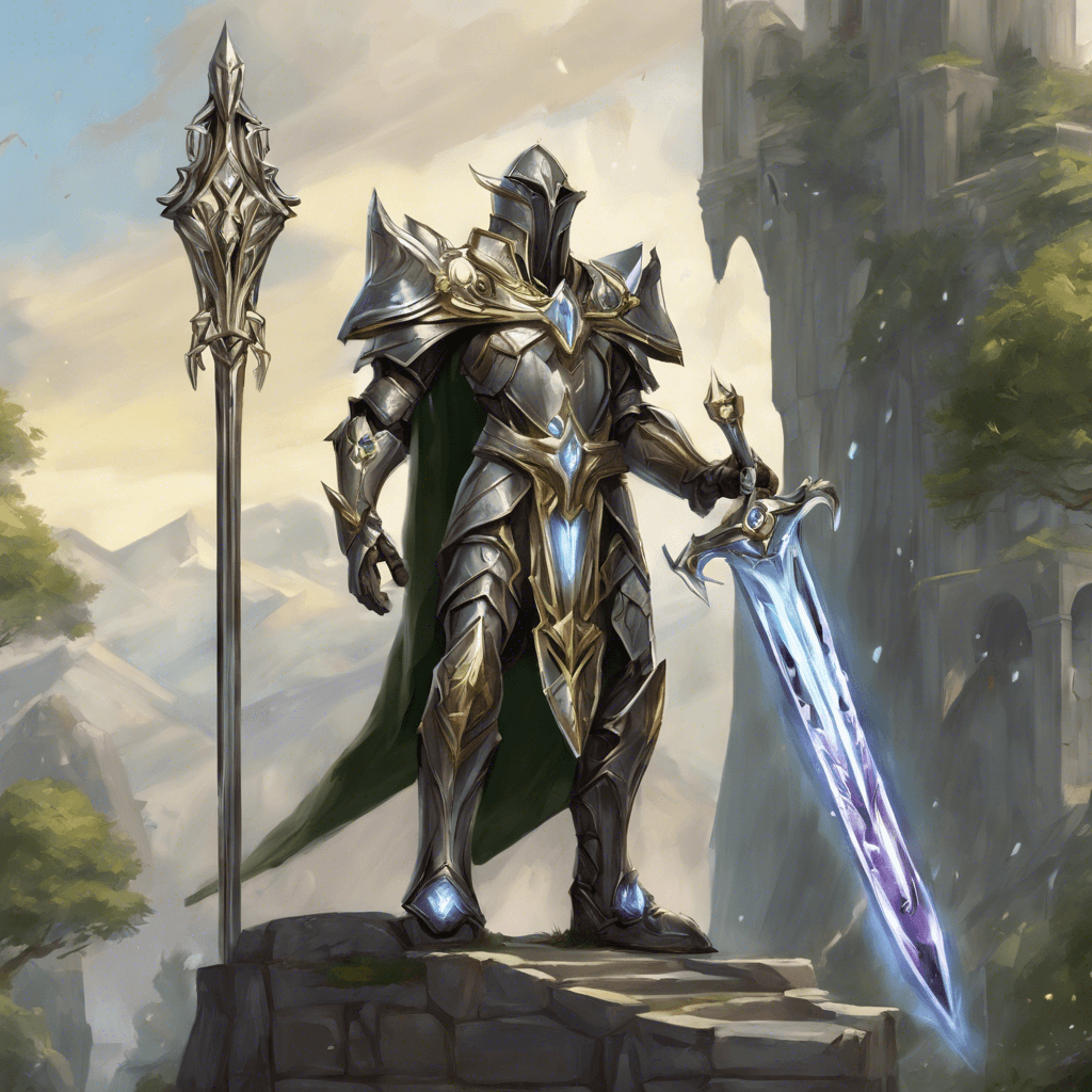 A towering construct of Eldoria's ancient magic, the Guardian is armored with enchanted elven steel, bearing emblems of Eldoria's heritage. It wields a rune-carved greatsword that flows with mystical energy.