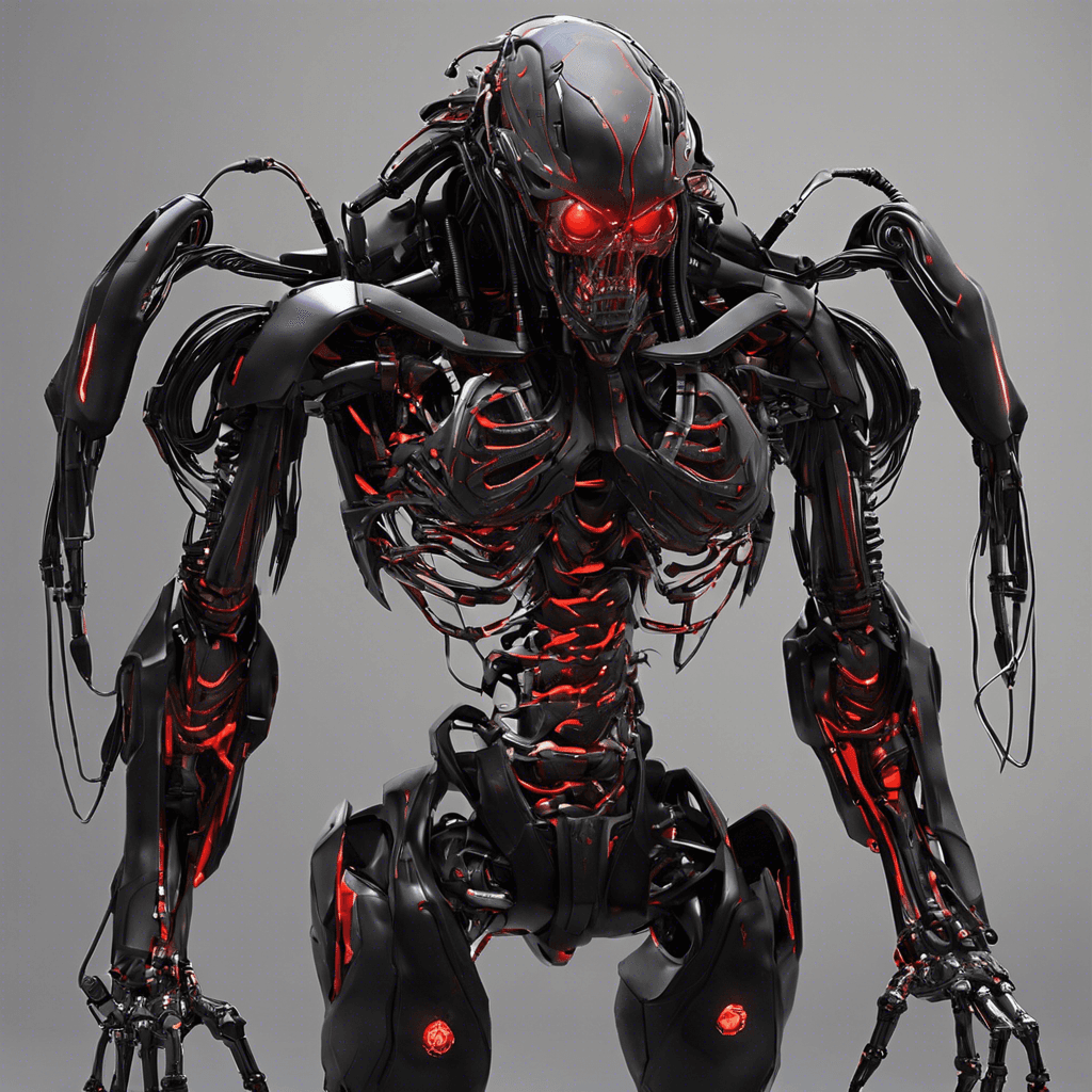 The Circuit Reaper is a sinister robotic assassin with a sleek, metallic skeleton layered with dark synthetic muscle fibers. Its head is an obsidian dome with glowing red optical sensors, and its limbs are equipped with various retractable tools and weapons, giving it a deadly, predatory aspect. Wires and conduits snake around its frame like a twisted mockery of human veins, pulsating with each movement as if transmitting a lethal current through its entire being.