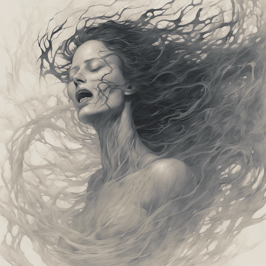 A translucent figure of a woman, her face twisted in eternal anguish, her form trailing tendrils of mist, as she floats above the ground. Her hollow eyes burn with a cold light, and her mouth is open in a silent scream.