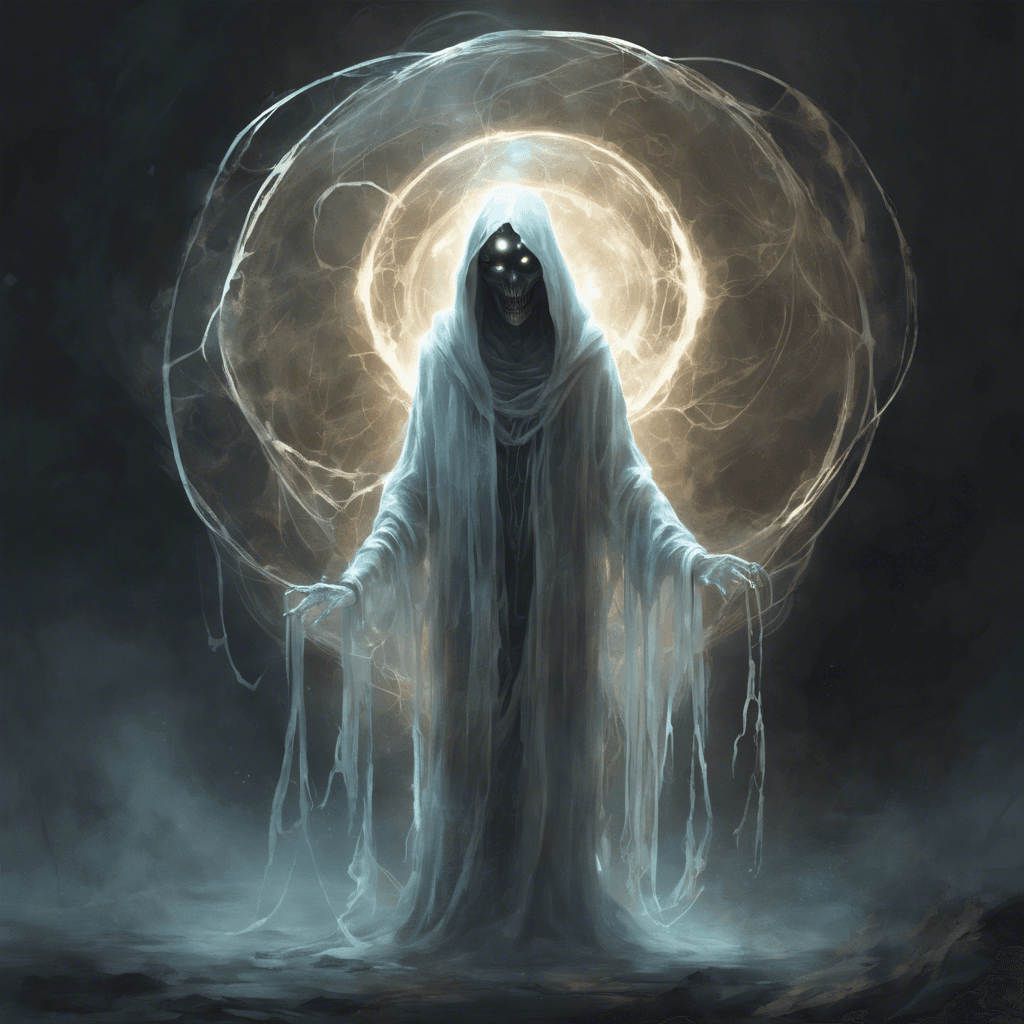 A spectral figure, ethereal and translucent, with tattered robes floating eerily around its skeletal frame. Glowing orbs for eyes pierce through the darkness.