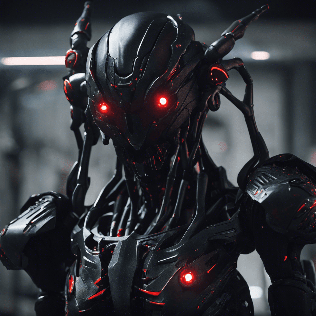 The Void Hunter is a sleek, black robotic figure with glowing red eyes and sharp, retractable claws. It moves with incredible speed and agility, able to phase in and out of existence to evade attacks. Its metallic body is adorned with mysterious symbols that seem to pulse with dark energy.