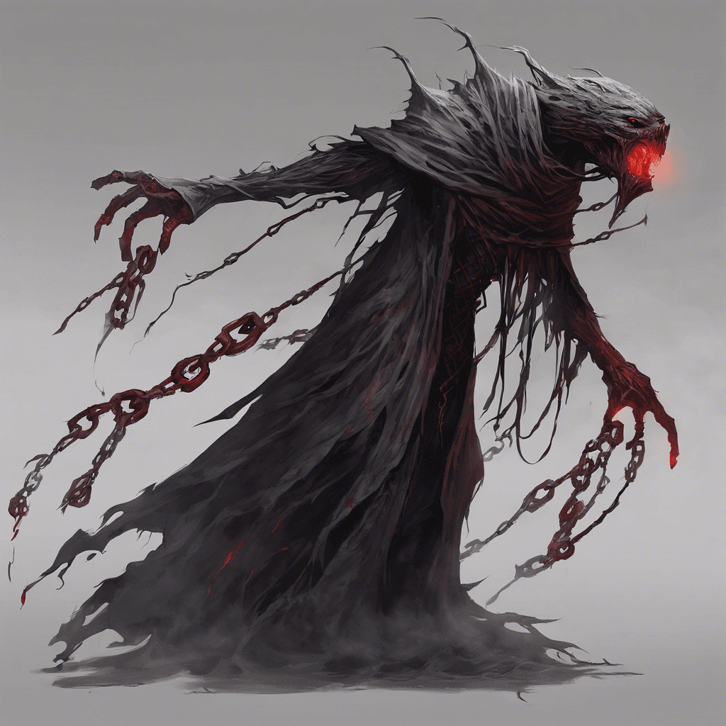 Gloomfang is a towering wraith-like entity, with long, tattered robes that seem to absorb the light around it. Ethereal chains clink softly as it moves, and its face is a void of darkness save for two glowing red eyes.