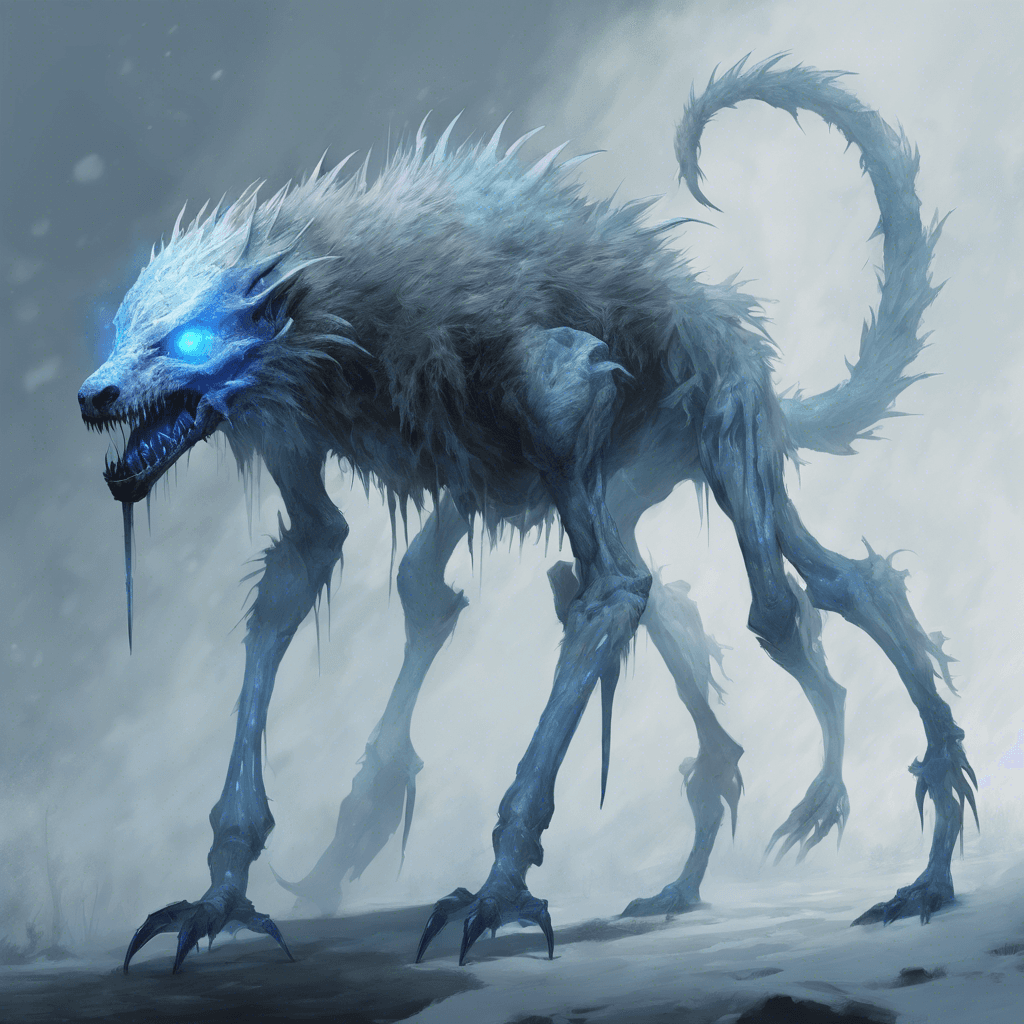 A pale, gaunt creature standing on two elongated legs, with ragged, icy fur clinging to its skeletal frame. Its eyes glow with an unsettling blue light, and misty breath escapes from its sharp-toothed maw. Its long claws are poised for a silent strike.