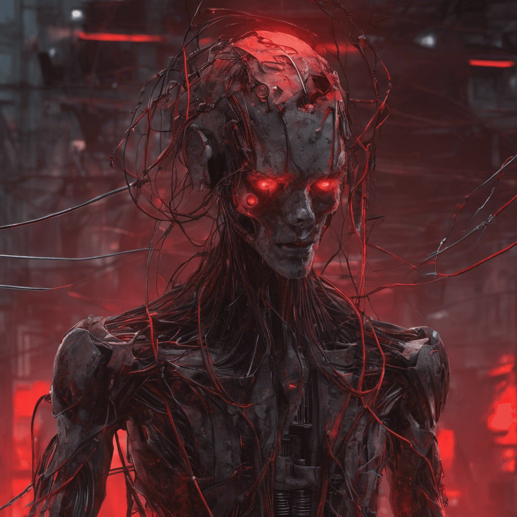 A humanoid figure draped in tattered digital rags. Its eyes glow with a malevolent red light, and cybernetic limbs gleam with sharp, improvised modifications. Wires and cables jut out haphazardly, sparking with raw energy.