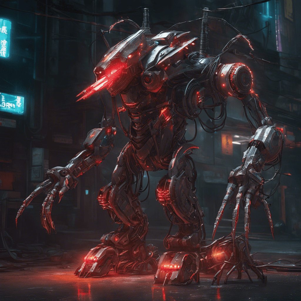 The Cyber Ravager is a towering figure, adorned with an exoskeleton of gleaming scrap metal and embedded neon lights. It's eyes, a pair of red laser-like dots, give off an aura of malice. Hydraulic limbs equipped with various sharp implements glisten ominously as it prepares to attack.